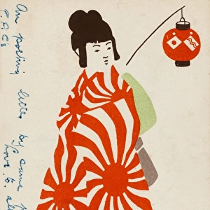 Japanese woman, draped in the Rising Sun Flag