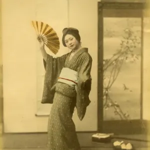 Japanese Woman in Kimono with Fan Print Japanese Woman in Kimono with Fan Print