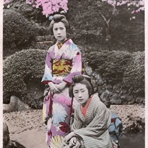 Japanese Woman O-Koto-San and friend in the garden