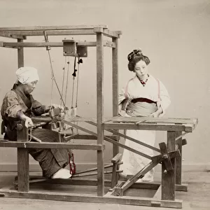 Japanese woman weaving cloth on a loom, Japan