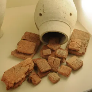 Jar containing clay tablets written in cuneiform. 8th centur