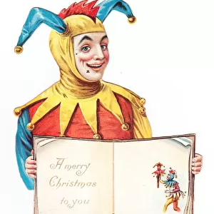 Jester with an open book on a cutout Christmas card