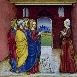 Jesus admonishes the adulteress to sin no more. Miniature