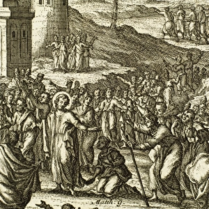 Jesus forgiving sins and healing a paralytic. Engraving