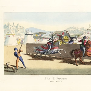Jousting knights at a tournament, 14th century