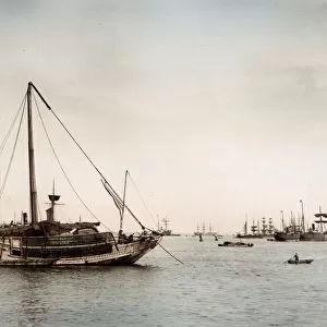 Junks, ships in a Japanese harbour