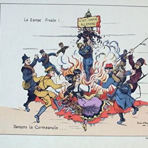 Kaiser tied to a burning stake with Allied soldiers dancing