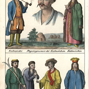 Kalmyk man smoking a pipe, farmers, priest and princess