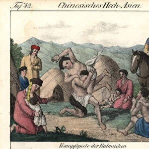 Kalmyk men wrestling in front of their families and ghers