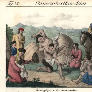 Kalmyk men wrestling in front of their families and ghers