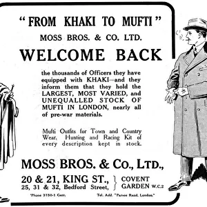 From Khaki to Mufti, Moss Bros advertisement, 1918