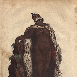 Khoisan woman in hat, animal skin, necklace