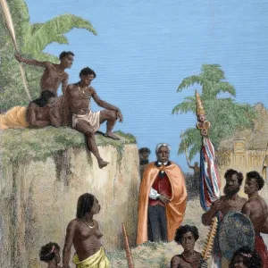 King Kamehameha I (1758-1819) and his warriors. Engraving, 1