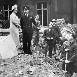 King and Queen inspecting bomb damage at Buckingham Palace