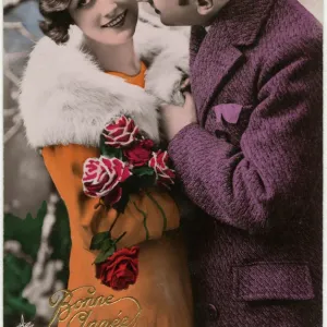 Kitsch New Years Greetings postcard featuring a young couple