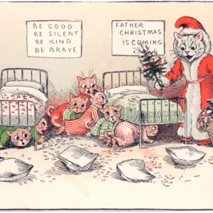 Many kittens and a Santa cat on a Christmas card