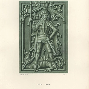 Knight in armor with sword and lance standing