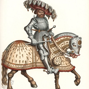Knight in suit of decorated plate armor on horseback