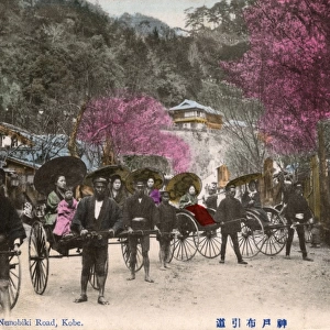 Kobe, Japan, Rickshaws, Drivers, passengers on Nunobiki Road