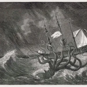 Kraken attacking ship during a storm