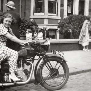 Ladies on a 1938 Velocette Mov motorcycle