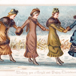 Four ladies on the ice on a Christmas card