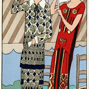 Two ladies in outfits by Lucien Lelong and Jean Patou