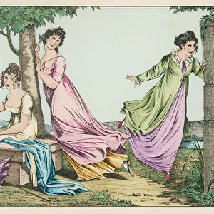 Five ladies playing hide and seek in a garden
