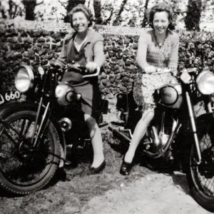 Ladies sitting on 1935 & 1950 motorcycles