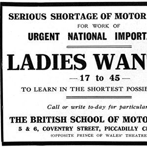 Ladies Wanted as drivers, WW1 advertisement