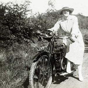 Lady on a 1920 Douglas motorcycle