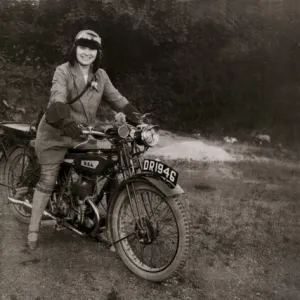 Lady on a 1928 / 9 BSA motorcycle