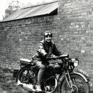 Lady biker on a 1929 / 31 Rudge Whitworth motorcycle