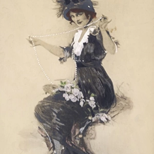 Lady playing with a long string of pearls