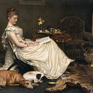 A lady relaxing with her dogs