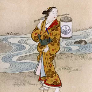 A lady strolling along a winding stream by Miyagawa Choshun