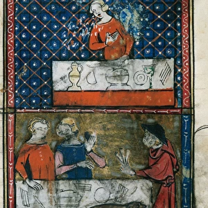 Lady before a table ready for a banquet (top) and man and wo