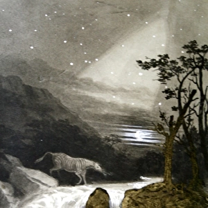 Landscape with stream, stars and hunters