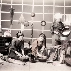 Late 19th century - young Japanese women preparing meal