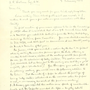Letter from Frank Roberts to Alfred Russel Wallace, February