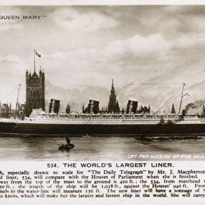 The Liner Queen Mary shown alongside Palace of Westminster