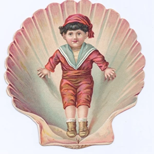 Little boy on a shell-shaped greetings card