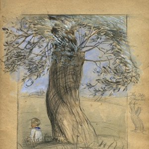 Little boy sitting under tree, by Muriel Dawson