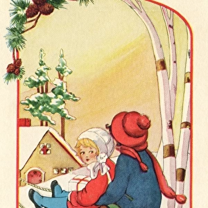 Two little children on a sledge