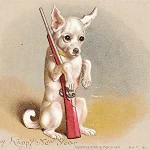 Little dog with toy gun on a New Year card