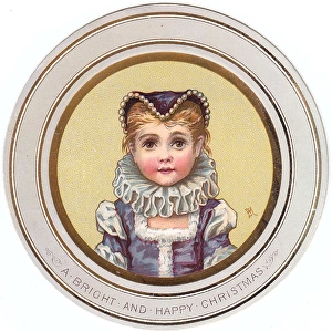 Little girl in Elizabethan dress on circular Christmas card