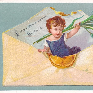 Little girl with flowers in an envelope on a birthday card