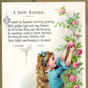 Little girl gathering roses on a birthday card