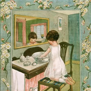 A little girl kneels on a chair and washes her hands in a basin. Date: 1920s?