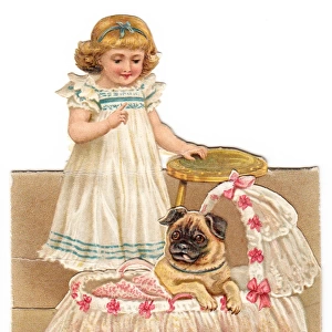 Little girl with pug dog on a cutout greetings card